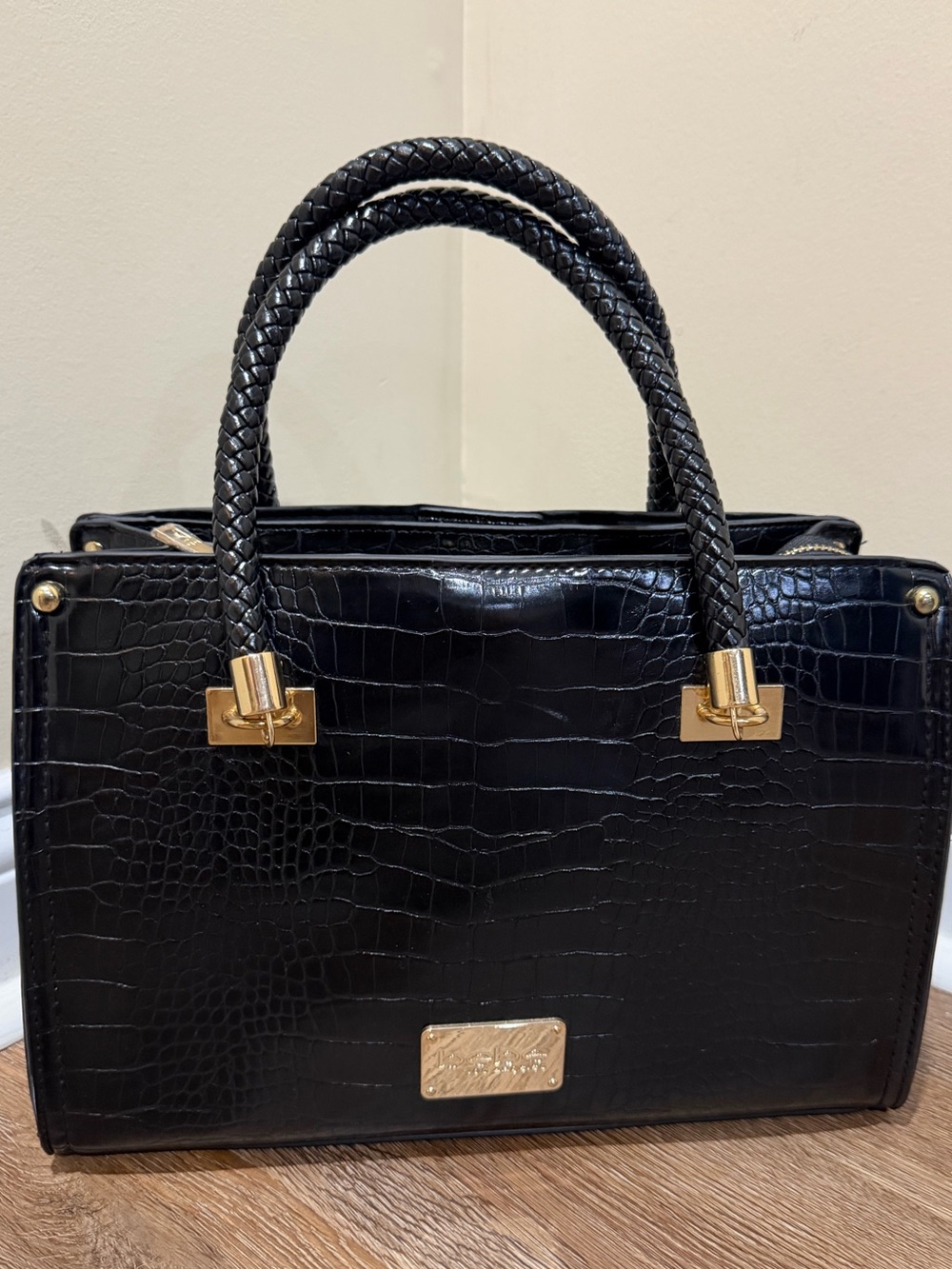 BEBE Los Angeles Black Croc Embossed Satchel Braided Handles Crossbody